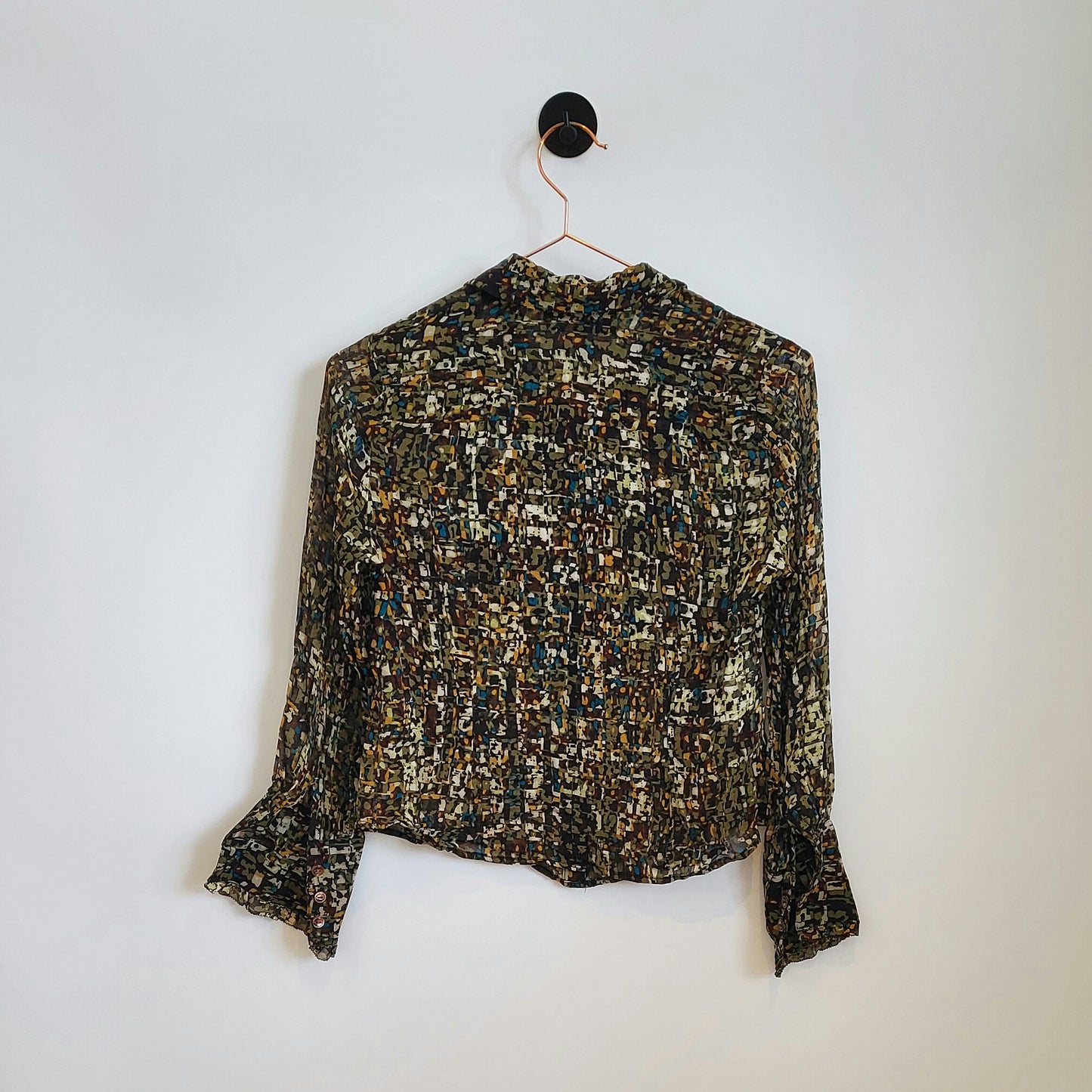 Vintage 90s Abstract Print Sheer Ruffle Blouse | Size 8