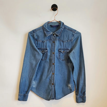 Vintage Y2K Distressed Denim Shirt | Size 6