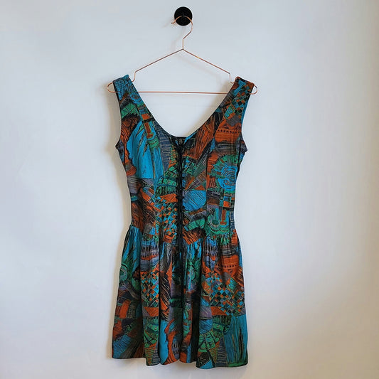 Vintage 90s Corset Front Funky Print Dress | Size 10