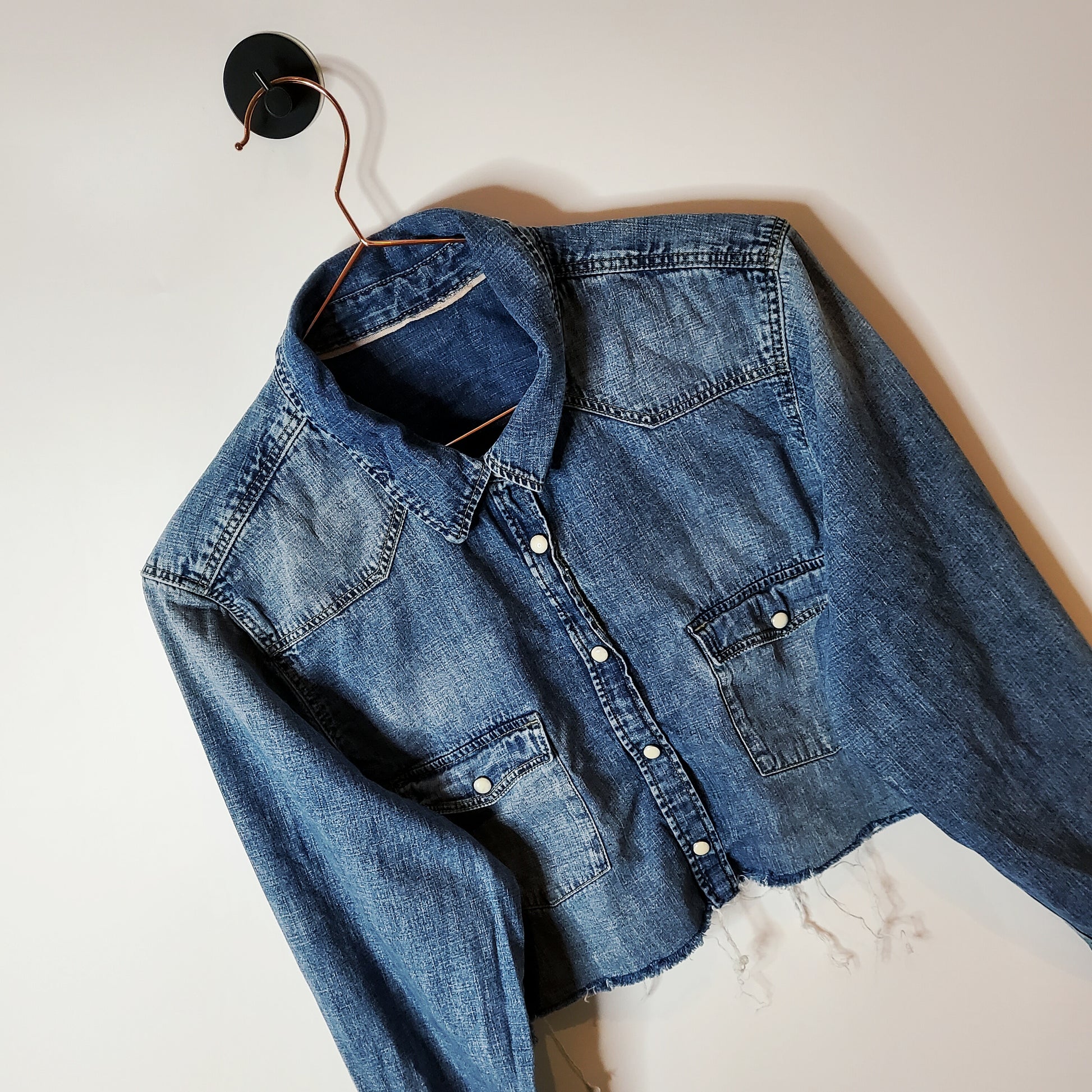 Reworked Crop Shirt Jacket Blue size 10-12