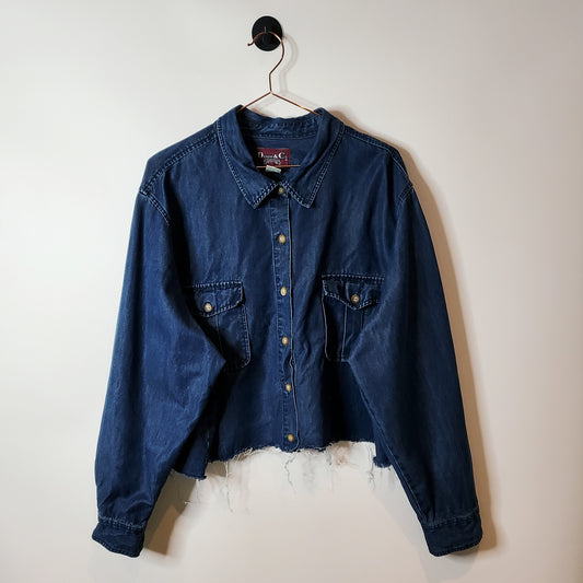 Blue Reworked Crop Denim Shirt Jacket - Size 18-20