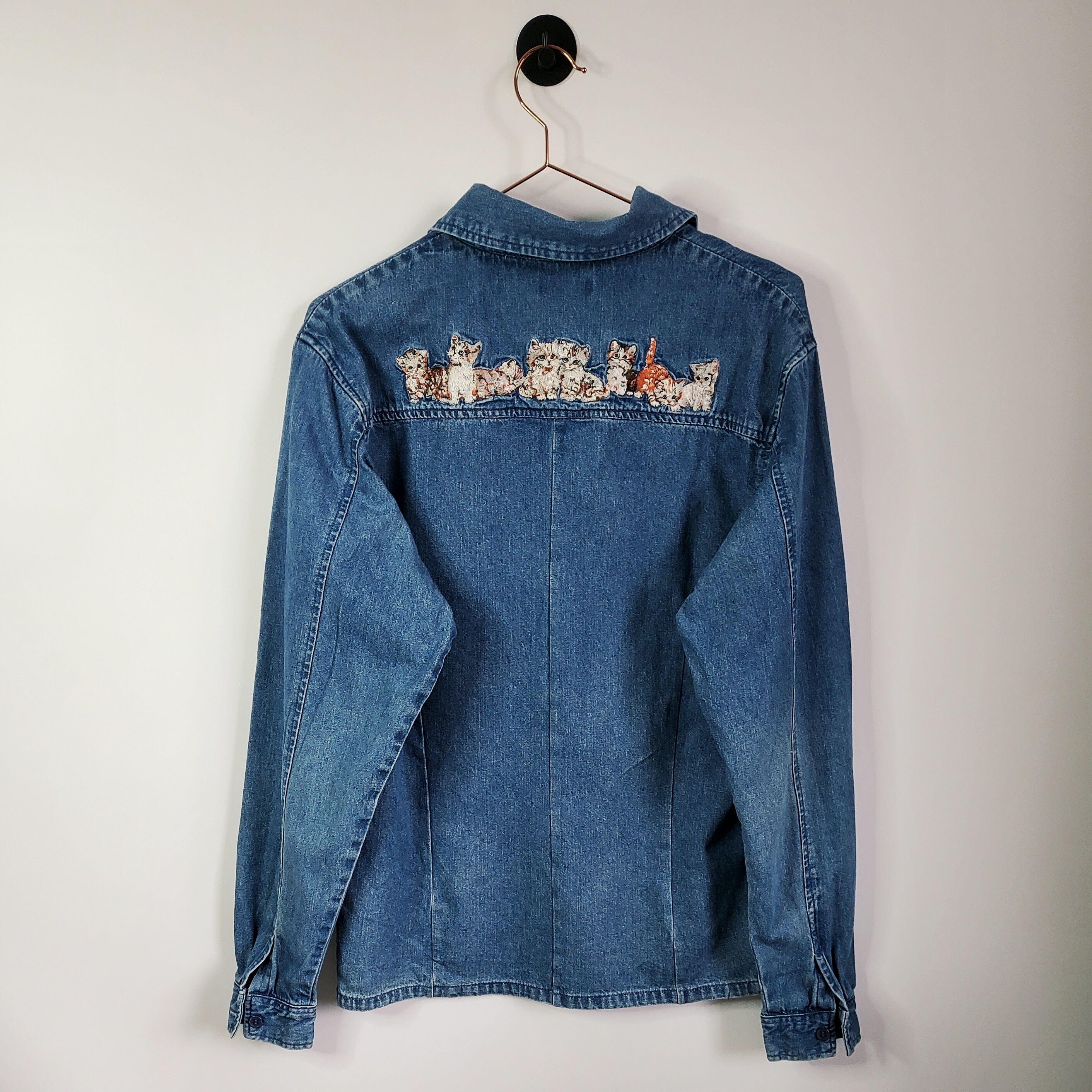 90s Vintage Cat Embroidered Denim Shirt | Size 12-14