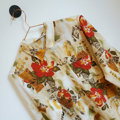 Vintage 90s Floral Blouse Beige and Red Size 8-10